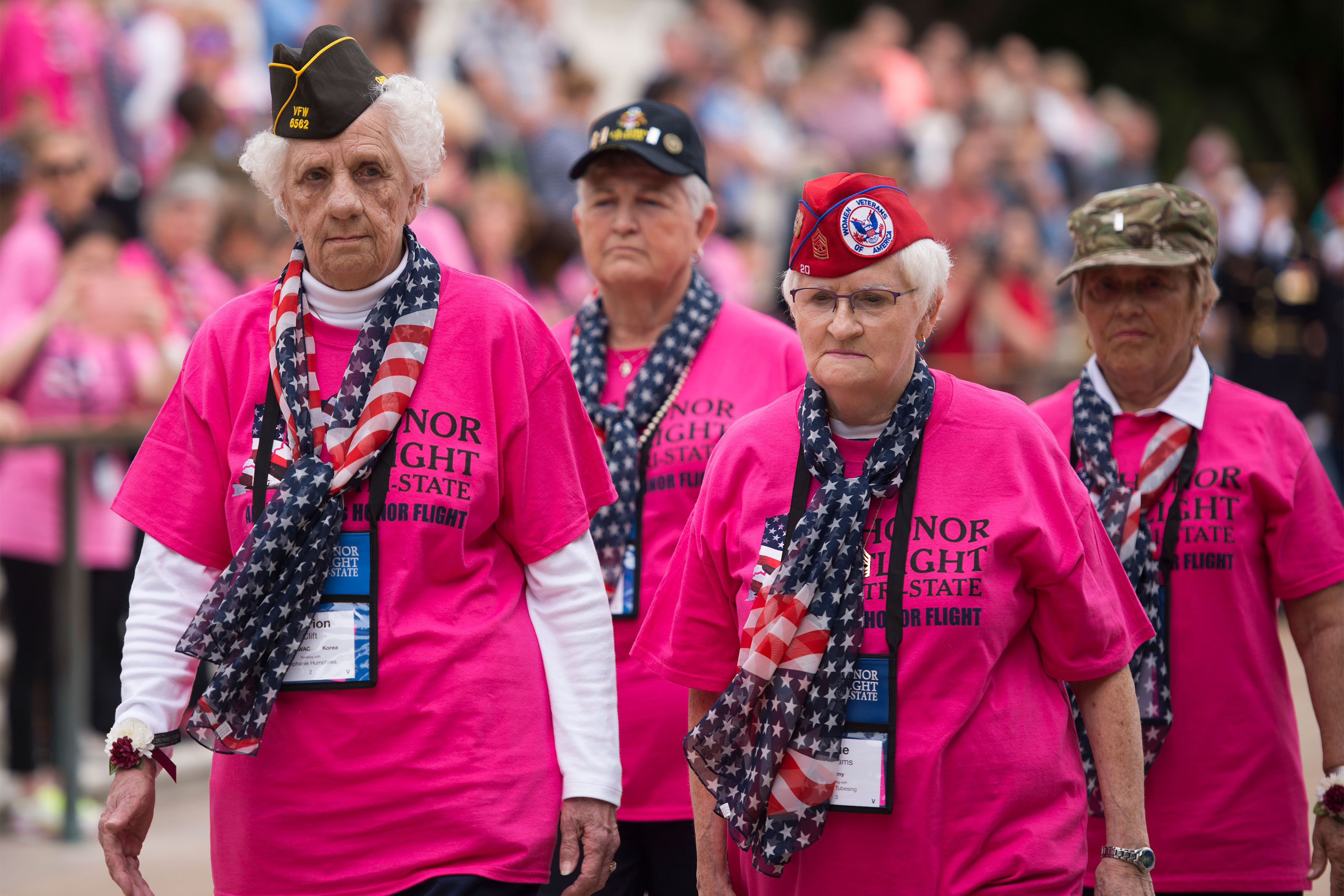 From the left, Women’s Army Corps veteran Marion Clift, Army veteran Betty Downs, Army veteran Sue Williams and veteran Army nurse Beverly Reno walk away from the Tomb of the Unknown Soldier after laying a wreath at Arlington National Cemetery, Sept. 22, 2015, in Arlington, Va. They are part of the first all-female honor flight in the United States. 75 female veterans from World War II, Korean War and Vietnam War were in attendance, as well as 75 escorts, who were also female veterans or active-duty militar