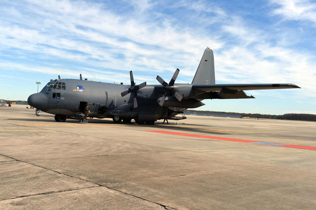 An AC 130 Whiskey Gunship parks on the Base Operations red carpet area at Robins Air Force Base Thursday, Feb. 9, 2017. (U.S. Air Force photo/Tommie Horton)