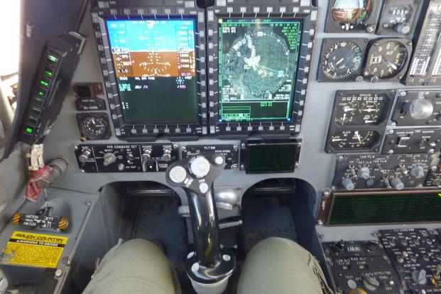 The cockpit display while sitting left seat. The "088" tail was recently upgraded with a central integrated test system, fully integrated data link and vertical situation display upgrade. (Military.com photo/Oriana Pawlyk)