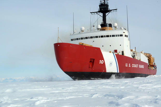 The Coast Guard Cutter Polar Star, with 75,000 horsepower and its 13,500-ton weight, is guided by its crew to break through Antarctic ice en route to the National Science Foundation's McMurdo Station, Jan. 15, 2017. (U.S. Coast Guard photo/David Mosley)