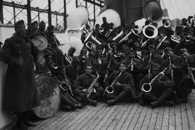 [African American] Jazz Band and Leader Back with [African American] 15th New York. Lieutenant James Reese Europe who for four years [was] New York Society's favorite orchestra (dance) leader formerly with Vernon Castle returned with his regiment the 369th Infantry. (National Archives)