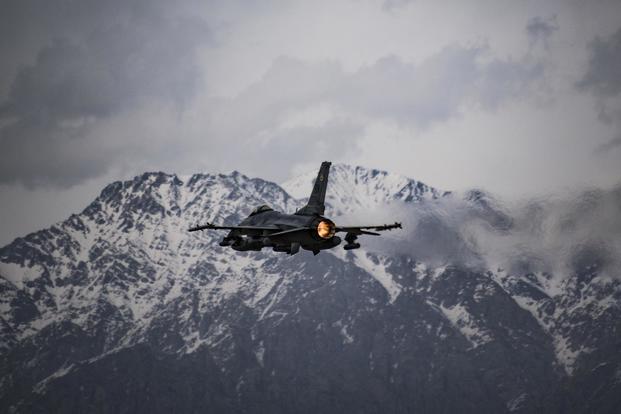 A U.S. Air Force F-16 Fighting Falcon takes off from Bagram Airfield, Afghanistan in support of Operation Freedom's Sentinel, March 23, 2018. (U.S. Air Force Courtesy Photo Edited by Tech. Sgt. Gregory Brook)