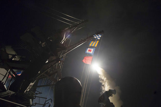 The USS Ross (DDG 71) launches a missile strike from the Mediterranean Sea on April 7, 2017. (US Navy) The USS Ross (DDG 71) launches a missile strike from the Mediterranean Sea on April 7, 2017. (US Navy)
