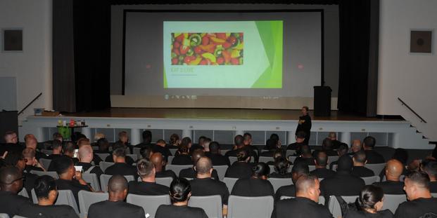 Soldiers participating in the Fit for Life (F2L) program partake in a nutrition class held at the Fort Dix Timmermann theater, Aug. 13, 2018. F2L is an Army reserve pilot program designed to help Soldiers who are not eligible to re-enlist due to not meeting the Army height and weight program or physical fitness standards. (Shawn Morris/U.S. Army)