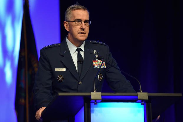 Gen. John E. Hyten, commander, U.S. Strategic Command talks integrated command relationships and the role of information and intelligence to the combatant commands during the 2018 Department of Defense Intelligence Information System Worldwide Conference August 13, 2018, in Omaha, Nebraska. (DoD photo/Brian Murphy)