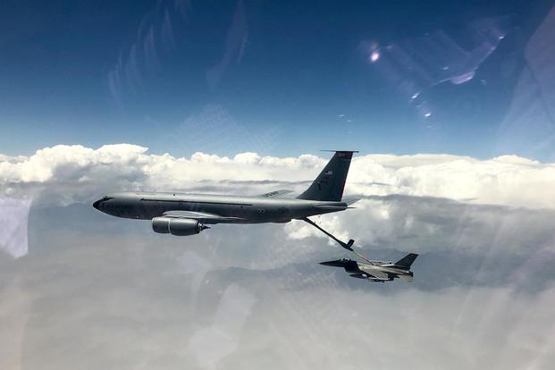 A KC-135 Stratotanker prepares to refuel an F-16 Fighting Falcon over Afghanistan in correlation with Operation Freedom's Sentinel. (U.S. Air Force/Staff Sgt. Kristin High)