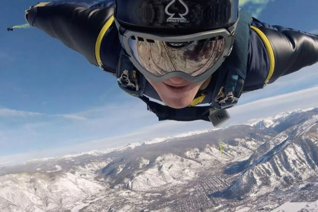 Navy SEAL Remington Peters freefalls in the skies above Aspen, Colorado. He was killed on May 28, 2017, after back-to-back parachute malfunctions. (US Navy photo)