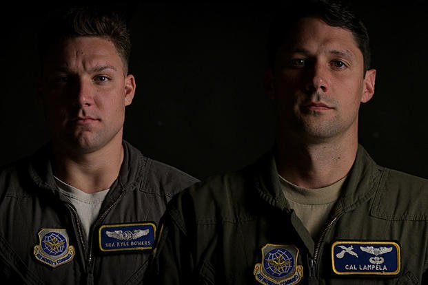 Senior Airman Kyle Bowers, left, a C-17 Globemaster III loadmaster, and Capt. Cal Lampela, a C-17 pilot, are instructors assigned to the 14th Airlift Squadron at Joint Base Charleston, S.C. (U.S. Air Force photo illustration/Joshua R. Maund) 