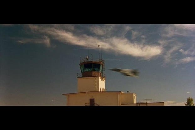 Maverick buzzes the tower in "Top Gun." (Paramount)