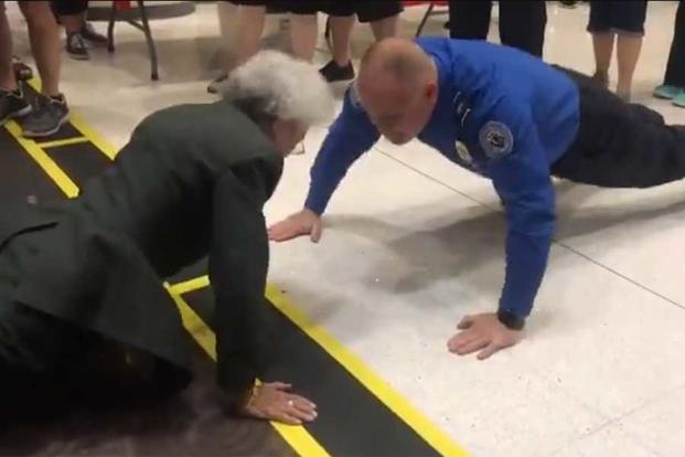 Maggie DeSanti, 84, who challenged a TSA agent to a push-up competition caught on video, has been accused of misrepresenting her military service. (Screengrab via Honor Flight Arizona)