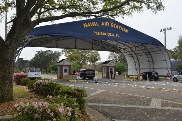 The main gate at Naval Air Station Pensacola on Navy Boulevard in Pensacola, Fla., March 16, 2016. (U.S. Navy photo/Patrick Nichols)