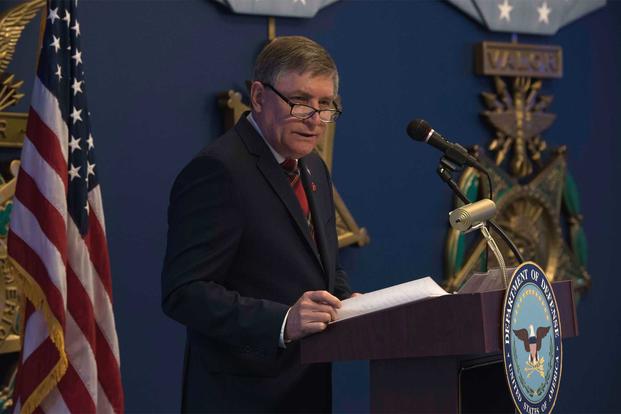 James N. Stewart, performing the duties of the Under Secretary of Defense for Personnel and Readiness, speaks to attendees during the 29th Annual DoD Red Ribbon Week Awards Ceremony at the Pentagon, Washington, D.C., Oct. 17, 2019. (DoD/U.S. Navy Petty Officer 2nd Class James K. Lee)