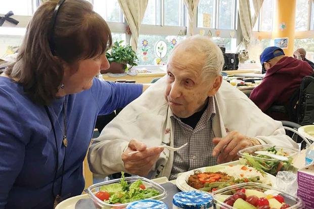 This is WWII veteran Morris Ducat. He's 100 years old in this photo and I assume it took him two minutes to finish all that food.