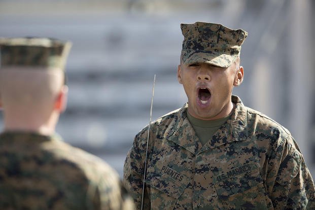 Marine sergeant practices during Drill Instructor School