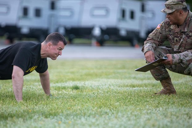 Soldiers from the U.S. Army Medical Command participate in a physical fitness test.