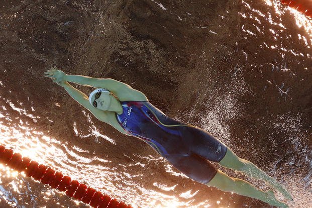 Katie Ledecky swims during a women's 800-meter freestyle heat at the 2016 Olympics in Rio de Janeiro, Brazil.