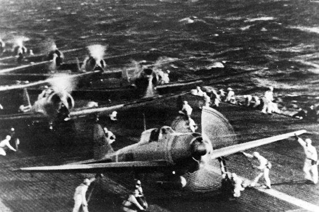 Japanese naval aircraft prepare to take off from an aircraft carrier (reportedly Shokaku) to attack Pearl Harbor during the morning of Dec. 7, 1941. 