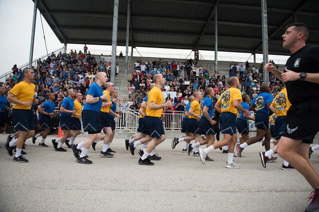 Air Force trainees participate in the Airman’s Run at Joint Base San Antonio-Lackland. 