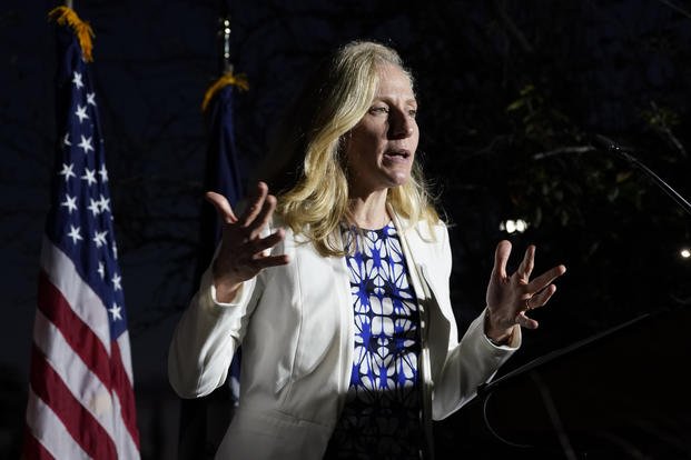 Rep. Abigail Spanberger, D-Va., gestures during a rally in Richmond, Va., Friday, Oct. 15, 2021. (AP Photo/Steve Helber) Rep. Abigail Spanberger at a political rally.