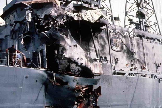 A view of damage sustained by the guided missile frigate USS Stark when it was hit by two Iraqi-launched Exocet missile while on patrol in the Persian Gulf. (U.S. Navy)