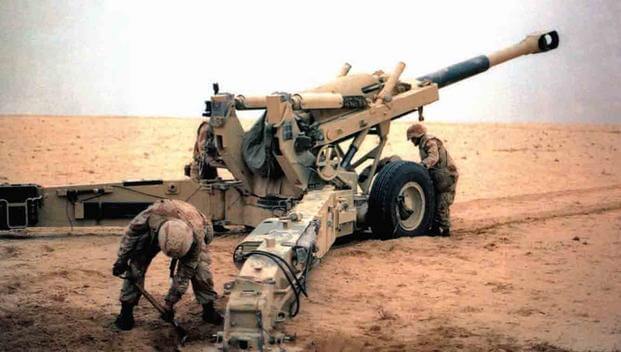Marines of 1st Battalion, 12th Marines, prepare an M198 155mm howitzer. The battalion fired numerous missions in support of Saudi and U.S. Marine forces during the Battle of al-Khafji. (U.S. Marine Corps)
