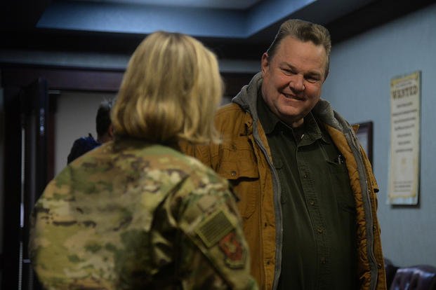Sen. Jon Tester (D-Mont.) speaks with Col. Jennifer Reeves, 341st Missile Wing commander, during his visit to Malmstrom Air Force Base, Montana.