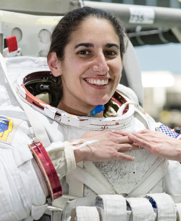 Then-NASA astronaut candidate Jasmin Moghbeli wears a spacesuit