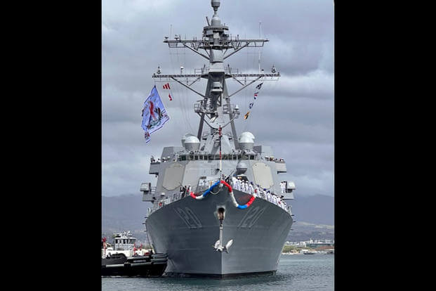 USS Carl M. Levin arrives in Hawaii for homecoming at Joint Base Pearl Harbor-Hickam, Aug. 7, 2023.