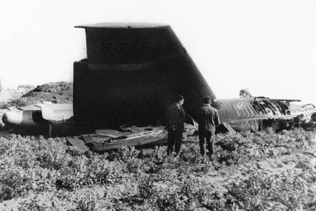 This Jan. 17, 1966, file photo, shows part of the wreckage of the U.S. Air Force B-52 that crashed in Palomares, Spain, after a midair collision with a KC-135 aerial tanker during refueling. (AP File Photo) This Jan. 17, 1966, file photo, shows part of the wreckage of the U.S. Air Force B-52 that crashed in Palomares, Spain, after a midair collision with a KC-135 aerial tanker during refueling.
