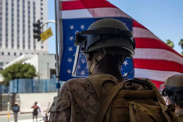 U.S. Marines with 3rd Battalion, 7th Marine Regiment, 1st Marine Division, guard a federal area in Los Angeles on July 4. (Jaye Townsend/U.S. Marine Corps) U.S. Marines with 3rd Battalion, 7th Marine Regiment, 1st Marine Division, guard a federal area in Los Angeles