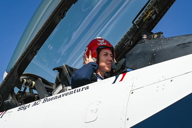U.S. Air Force Maj. Michelle Curran, U.S. Air Force Thunderbirds demonstration team pilot, prepares for departure from Joint Base Langley-Eustis, Virginia, Aug. 6, 2020. (Staff Sgt. Ericha Fitzgerald/U.S. Air Force photo) U.S. Air Force Maj. Michelle Curran, U.S. Air Force Thunderbirds demonstration team pilot, prepares for departure from Joint Base Langley-Eustis, Virginia.