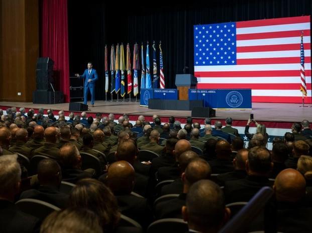 Secretary of War Pete Hegseth delivers remarks during a War Department Address at Marine Corps Base Quantico, Va., Sept. 30, 2025. (DoW photo by U.S. Navy Petty Officer 2nd Class Aiko Bongolan)