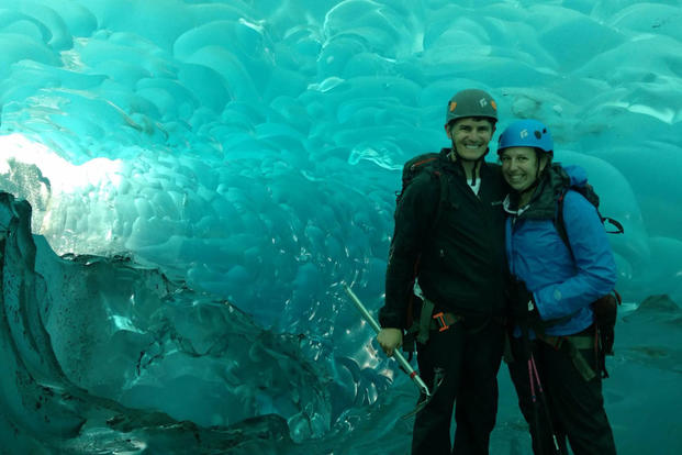 Kendall and John Gomber pose for a photo during a glacier traverse in Glacier Bay National Park, Alaska. (Photo:  Courtesy of John Gomber.)