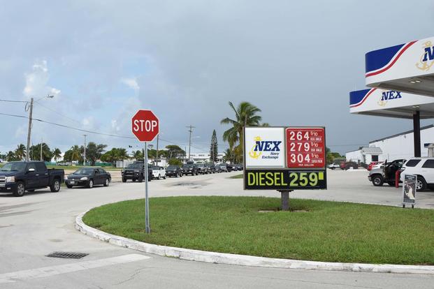 Sailors and civilians prepare for possible evacuation orders ahead of Hurricane Irma by filling up at Naval Air Station (NAS) Key West's Boca Chica Field Navy Exchange Gas Station. (U.S. Navy/Mass Communication Specialist 2nd Class Cody R. Babin)