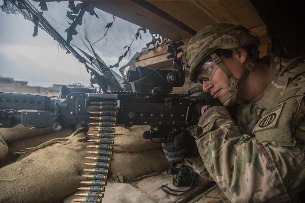 A cavalry scout assigned to the 1st Squadron, 73rd Cavalry Regiment, 2nd Brigade Combat Team, 82nd Airborne Division, scans his sector during his guard shift near Makhmour, Iraq on Jan. 27, 2017. (US Army/Spc. Ian Ryan)