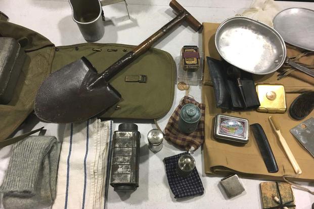 An assortment of soldier kit on display at the Pentagon following a ceremony to commemorate the 100th anniversary of the U.S. military entering WWI. .(Matt Cox/Military.com)
