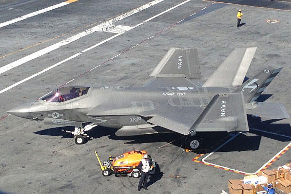 An F-35C Lightning II Joint Strike Fighter sits on the flight deck of the aircraft carrier USS Nimitz. Photo by Ho Lin/Military.com