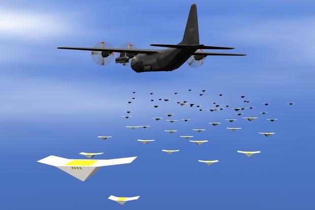 TheNavy shows an artistic depiction of a drone swarm launched from a cargo aircraft. (Source: U.S. Navy)
