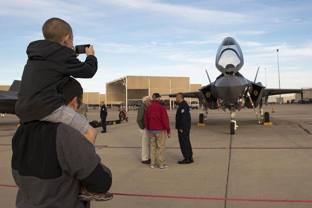 Members of the first ever F-35 Lightning II heritage flight team from Luke Air Force Base, Ariz., participate in the Heritage Flight Conference at Davis-Monthan Air Force Base, Ariz., March 4-6, 2016. (U.S. Air Force photo/Staff Sgt. Staci Miller)