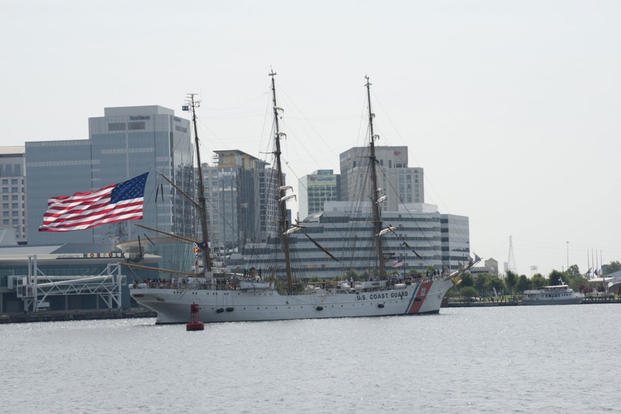 The USCGC Eagle arrives in Norfolk, Virginia, July 22, 2016. The Eagle's crew moored the tall ship at Otter Berth at Town Point Park on Waterside Drive. (U.S. Coast Guard photo/Petty Officer 2nd Class Nate Littlejohn)