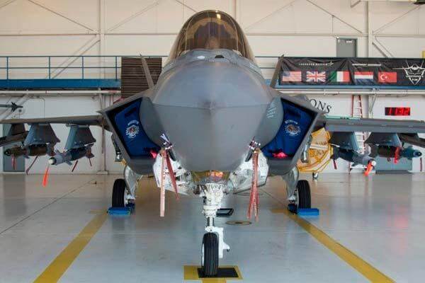An F-35A from the 58th Fighter Squadron is loaded with weapons in its internal weapons bays and on external pylons July 20, 2016, at Eglin Air Force Base, Fla. (Photo by Stormy Archer/U.S. Air Force)