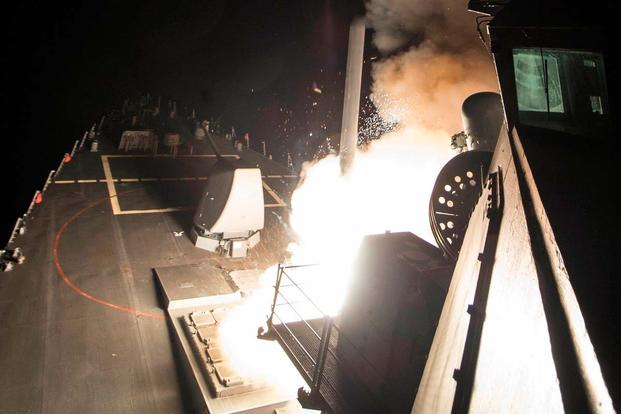 The U.S. Navy on April 7, 2017, launched 59 Tomahawk cruise missiles at a Syrian airfield in a strike that inflicted “severe damage” on the target and destroyed at least 20 aircraft, officials said. (U.S. Defense Department photo)