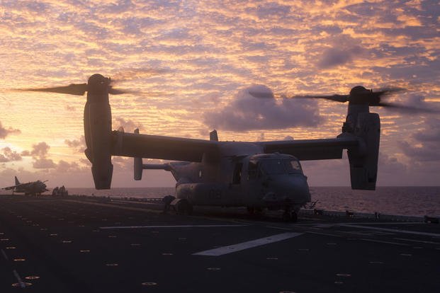 An MV-22B Osprey tiltrotor aircraft sits on the flight deck of the USS Bonhomme Richard (LHD 6) during Exercise Talisman Saber 17 while underway in the Pacific Ocean, June 10, 2017. (U.S. Marine Corps photo/Lance Cpl. Amy Phan)