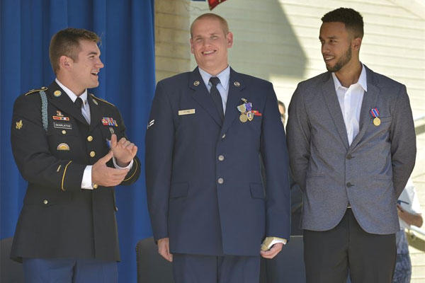 Air Force Specialist Alek Skarlatos, Airman 1st Class Spencer Stone and Anthony Sadler at a ceremony honoring them for stopping a gunman on a Paris-bound train, at the Pentagon, Sept. 17, 2015,. (DoD Photo by Glenn Fawcett)