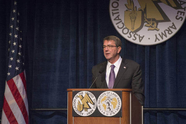 Secretary of Defense Ash Carter provides remarks at the Association of the U.S. Army sustaining member luncheon Oct. 14, 2015 in Washington. (Photo by Senior Master Sgt. Adrian Cadiz)