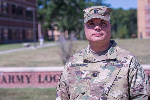 Army Reserve Transportation officer Capt. Daniel Lopez-Guerrero, stands outside of the Army Logistics University at Fort Lee, Va. (DoD photo by U.S. Navy Petty Officer 3rd Class Timothy Haake)