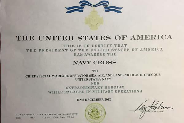 Nicolas Checque's Navy Cross certificate
