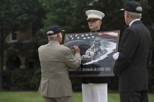 Retired Marine Col. Harvey Barnum joined Navy Secretary Ray Mabus on July 28, 2016, at Marine Barracks Washington, D.C., for an announcement that a destroyer would be named in Barnum's honor. (Photos courtesy Chi Nguyen/U.S. Marine Corps)