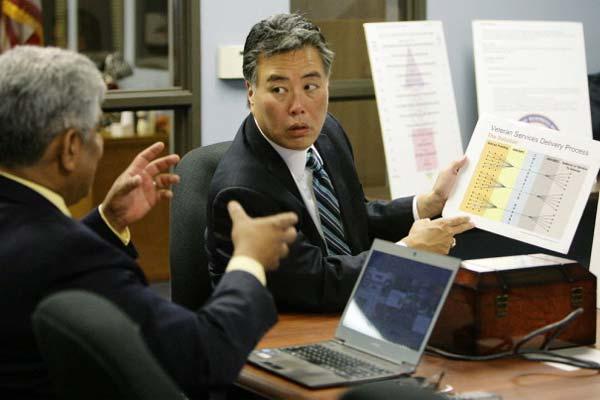 Rep. Takano discussing charts with Rep. Honda (Photo: Work for Warriors Caucus)