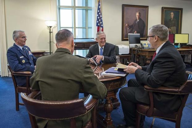 Secretary of Defense James Mattis hosts his first "Top 4" roundtable after arriving at the Pentagon in Washington, D.C., Jan. 21, 2017. (Photo by Tech. Sgt. Brigitte Brantley)